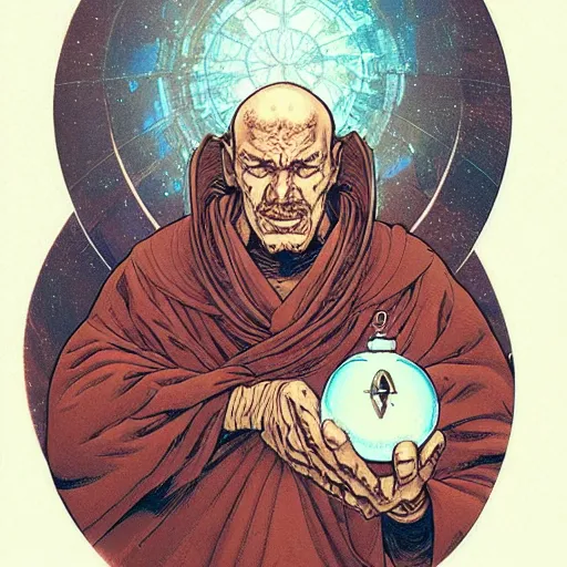 Prompt: a futuristic monk holding a salt crystal by moebius and mohrbacher