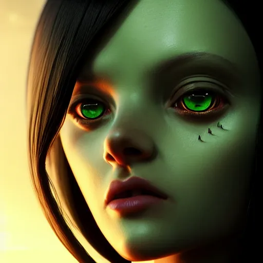 Image similar to insect - like alien - girl by tom bagshaw, green eyes and long black hair by ilya kuvshinov, rtx reflections, octane render 1 2 8 k, extreme high intricate details by wlop, digital anime art by ross tran, wide shot, close up shot, composition by sana takeda, dramatic lighting by greg rutkowski