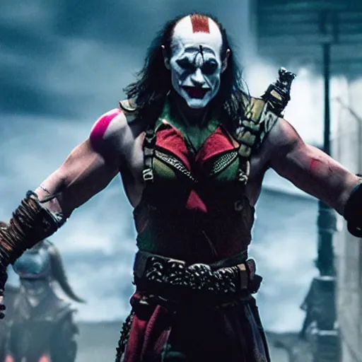 Image similar to film still of kratos as the joker in the new batman movie