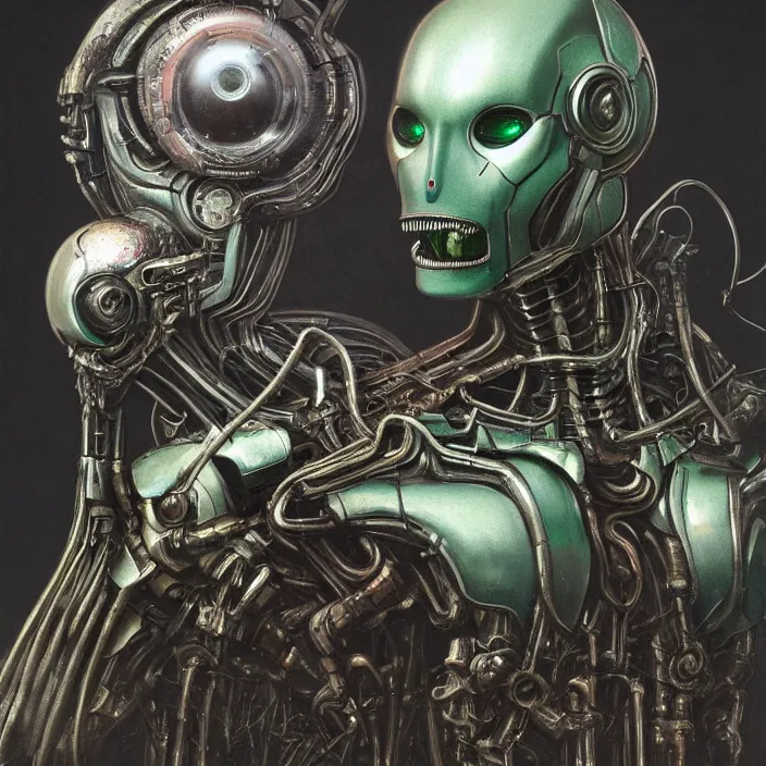 Image similar to h. r. giger esque portrait of a friendly happy emerald ultron from age of ultron, fresh of the production line, washed, clean, shiny, clockwork steampunk, head and chest only, by beksinski, 4 k, deviantart, trending on artstation