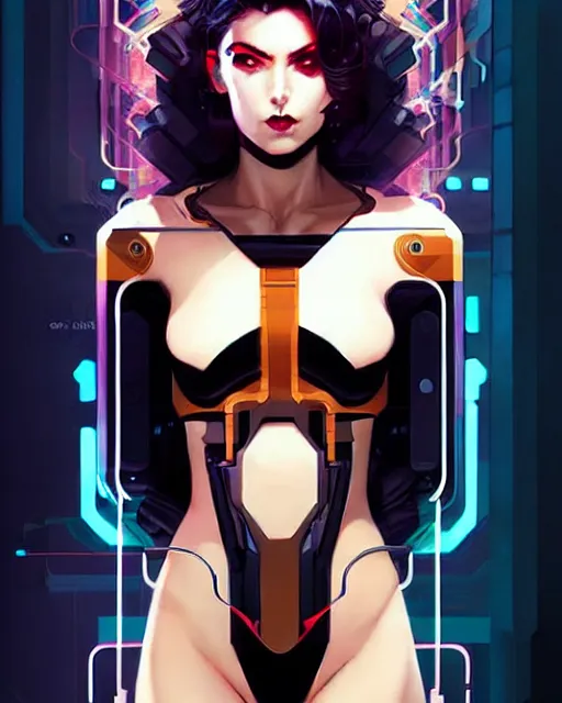 Image similar to artgerm, joshua middleton and sandra chevrier comic cover art, full body pretty female cyberpunk hacker, symmetrical eyes, long curly hair, beautiful, rim lighting, vivid colors