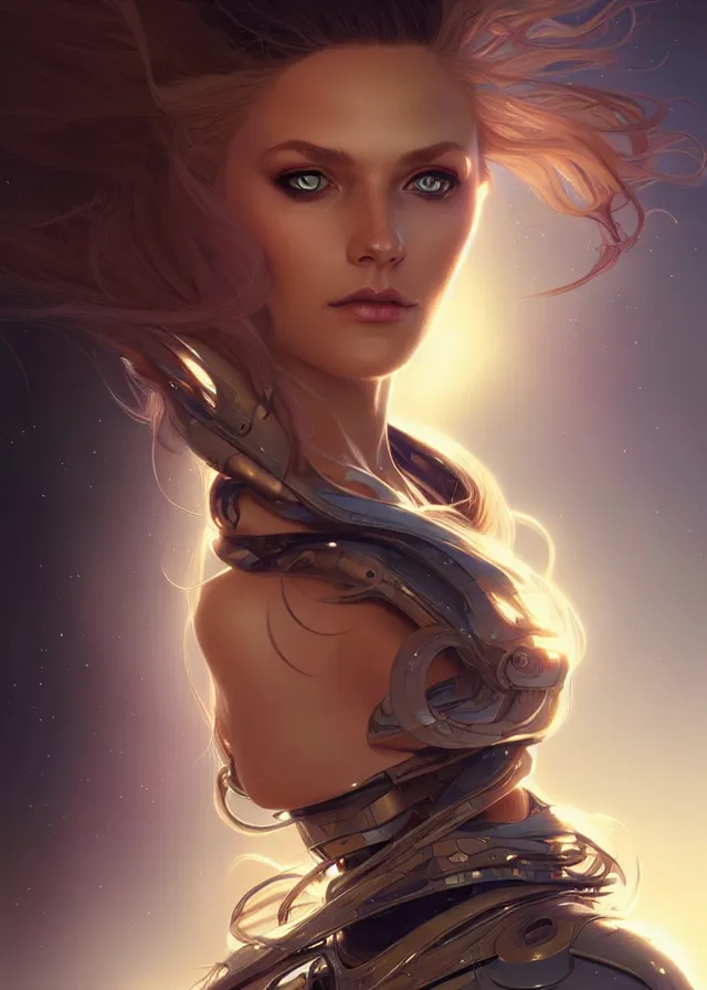 Image similar to futuristic woman portrait, sci-fi, amber eyes, face, long hair, fantasy, intricate, elegant, highly detailed, digital painting, artstation, concept art, smooth, sharp focus, illustration, art by artgerm and greg rutkowski and alphonse mucha