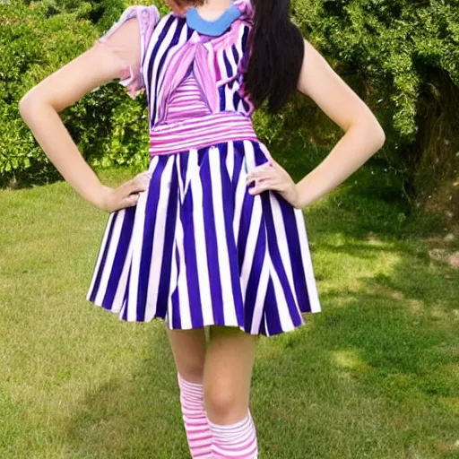 Prompt: stephanie from lazytown as a teenager wearing a dress with vertical stripes in the iconic dress from lazytown