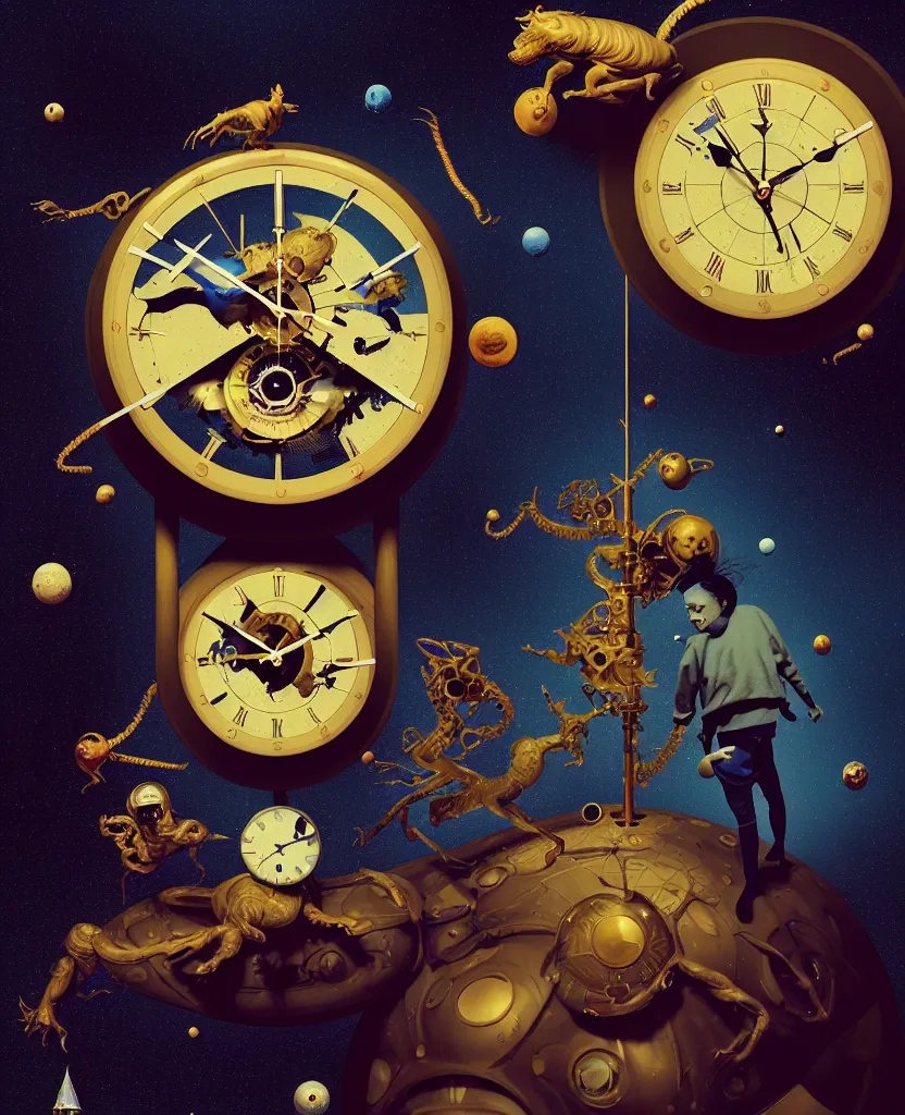 Image similar to duotone surreal illustration 3 / 4 portrait of chimeric monster measuring time on salvadore dali clock in outer space, dark starry background. golden ratio accidental renaissance. by sachin teng and sergey kolesov and ruan jia and heng z. graffiti art, scifi, fantasy, hyper detailed. octane render. concept art. trending on artstation