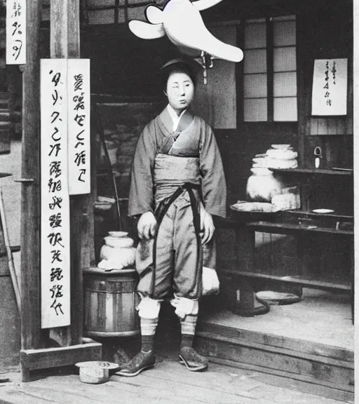 Image similar to 1 8 th century japanese street market in kyoto 1 9 0 0 s early photography portrait anthro anthropomorphic deer head animal person fursona wearing clothes street trader