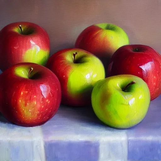 Image similar to apples with human mouths, smiling, oil painting