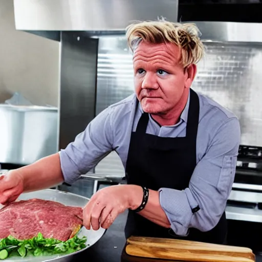 Prompt: photo of gordon ramsay cooking muppet meat