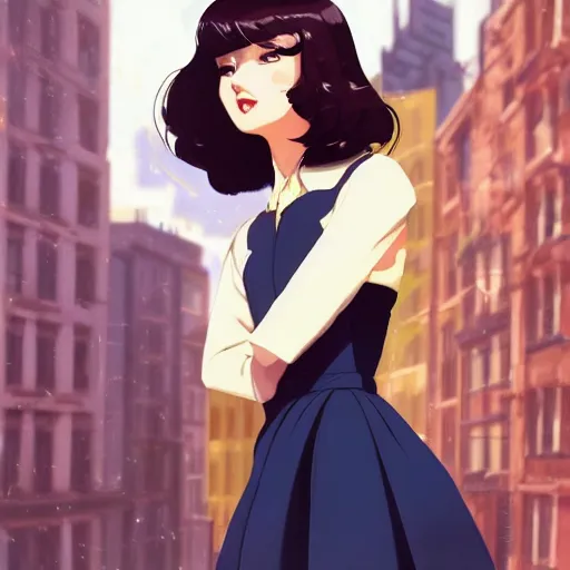 Prompt: portrait of a beautiful girl with dark hair dressed in 1950's fashion, city background, rich vivid colors, ambient lighting, dynamic lighting, 4k, HQ, official media, anime key visual, makoto shinkai, ilya kuvshinov, lois van baarle, rossdraws, detailed, trending on artstation