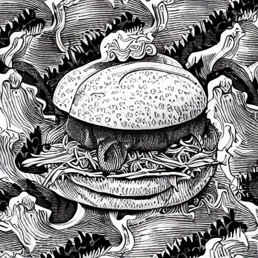 Image similar to pulled pork sandwich, artwork of joe fenton