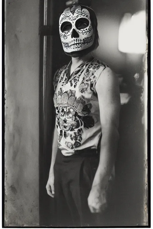 Image similar to vintage 35mm photo portrait of a man wearing a traditional day of the dead masks in the style of Gregory Crewdson