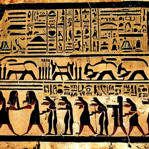 Prompt: egyptian hieroglyphs telling the story of the end of the world