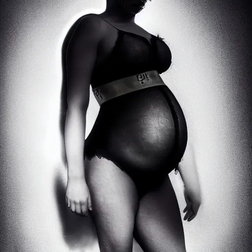 Image similar to goth man with a heavily pregnant belly and black shaggy hair, dramatic lighting