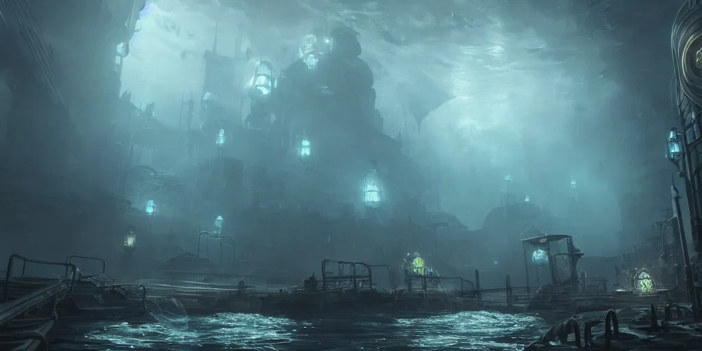 Prompt: concept art of a underwater city, bioshock style, rapture, dark atmosphere by james clyne, subsurface scattering, by fenghua zhong, highly detailed, rim light, cinematic lighting, illustration, art, octane render, octane render, 8 k