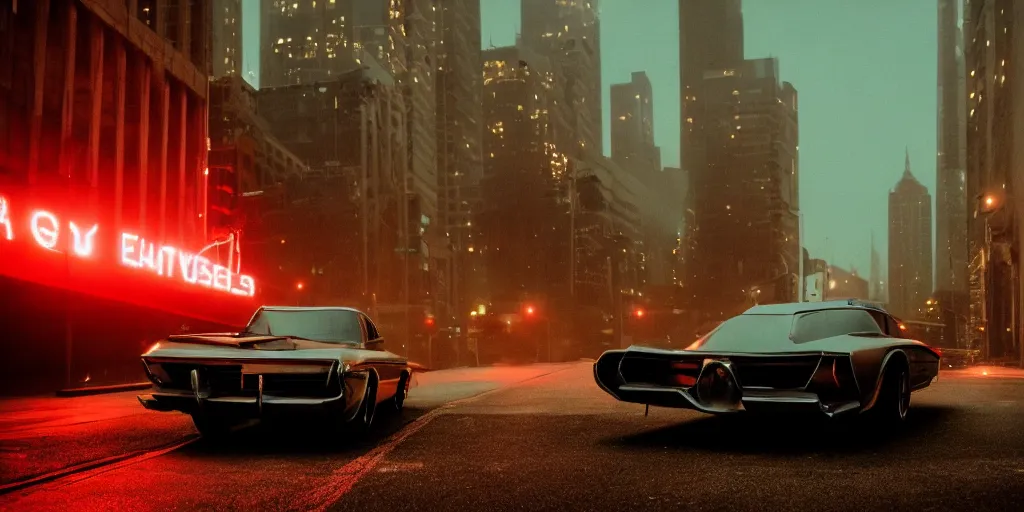 Image similar to retro futuristic car, city, atmospheric, hazy, cinematic, dark lighting, underexposed, cinematography by greig fraser,