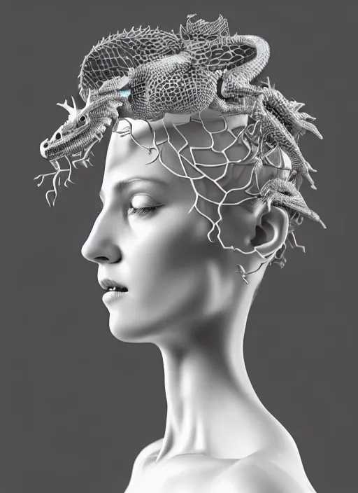 Image similar to complex 3d render ultra detailed of a beautiful porcelain profile woman face, black eyes, mechanical vegetal dragon cyborg, 150 mm, beautiful natural soft light, rim light, silver vanilla details, neural network, synapsis, magnolia big leaves and stems, roots, fine foliage lace, maze like, mesh wire, intricate details, hyperrealistic, ultra detailed, mandelbrot fractal, anatomical, white metal neocubism armor, facial muscles, cable wires, microchip, elegant, octane render, black and white, H.R. Giger style, 8k, trending on Artstation, unreal engine