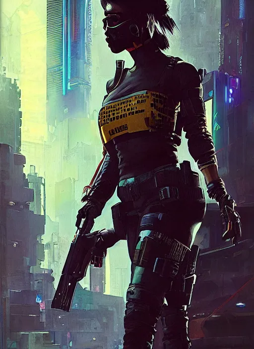Prompt: Ela. Cyberpunk mercenary in tactical gear infiltrating corporate mainframe. (Cyberpunk 2077), blade runner 2049, (matrix) Concept art by James Gurney, Craig Mullins and Alphonso Mucha. Stylized painting with Vivid color.