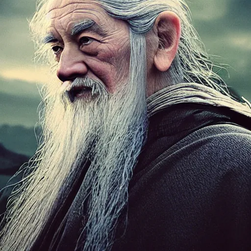 Image similar to a still from “ lord of the rings ” of a head and shoulders portrait of master tang as gandalf, photo by phil noto