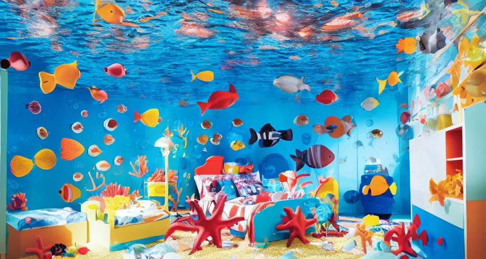 Prompt: IKEA catalogue photo of an underwater childrens bedroom, coral reef, fish, sharks, clown fish, angel fish, dappled light, sun rays