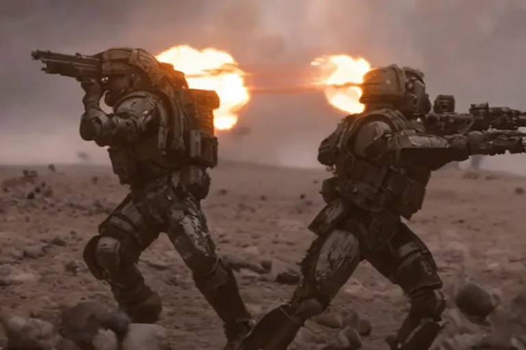 Image similar to VFX movie of a futuristic spacemarine in war zone, shooting gun natural lighting by Emmanuel Lubezki