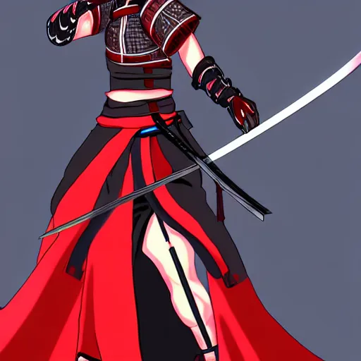 Image similar to female samurai in red and black dress holding a katana, anime style, digital art, artstation, devian art, hd