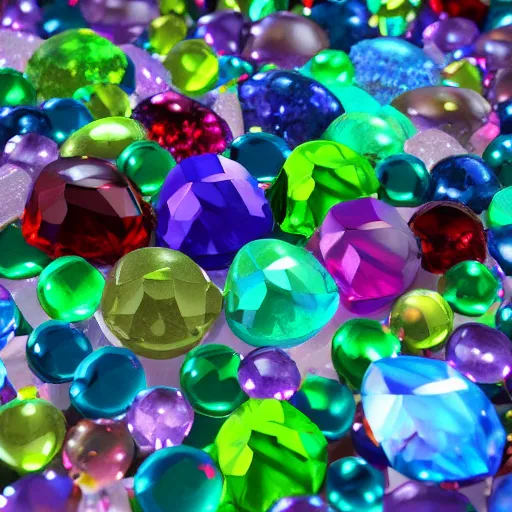 Prompt: rainbow colored gems and crystals illuminate the dark. Octane Render, 8k, High Detail.