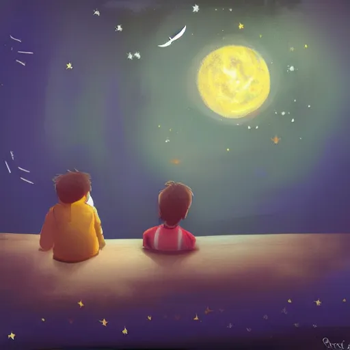 Image similar to a kid and a dog staring at the stars, digital art