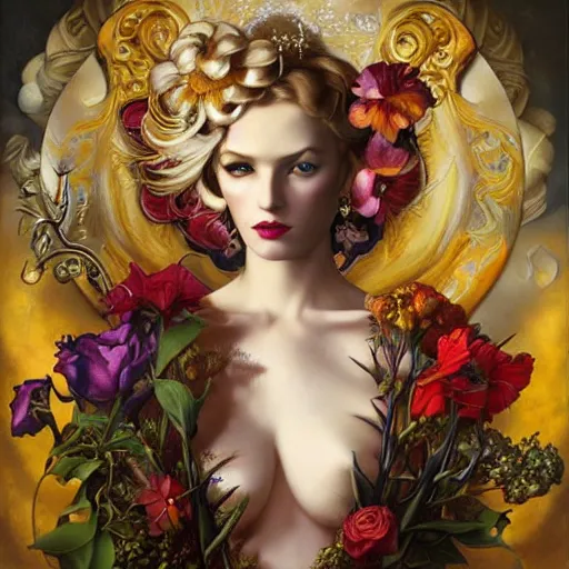 Image similar to dynamic composition, blonde woman with hair of irises and spring flowers wearing ornate earrings, ornate gilded details, a surrealist painting by tom bagshaw and jacek yerga and tamara de lempicka and jesse king, wiccan, pre - raphaelite, featured on cgsociety, pop surrealism, surrealist, dramatic lighting