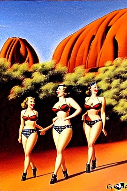 Image similar to 1940s group of pinup bikini girls walking around 1940s Ayers Rock, Uluru, in Australia, oil painting, by Gil Elvgren