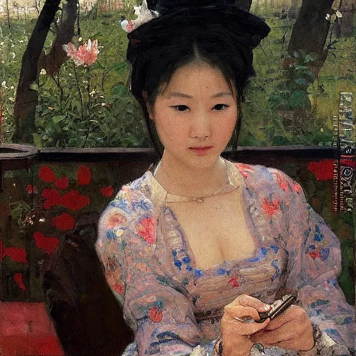 Image similar to portrait of asian beautiful woman watching smartphone masterpiece painting by vasnetsov and surikov, JEAN-VICTOR BERTIN, by Terence Cuneo, detailed, artfully traced, 4k resolution, cinematic