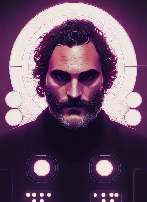 Image similar to symmetry!! portrait of joaquin phoenix, sci - fi -, cyberpunk, blade runner, glowing lights, biotech, techwear!! intricate, elegant, highly detailed, digital painting, artstation, concept art, smooth, sharp focus, illustration, art by artgerm and greg rutkowski and alphonse mucha