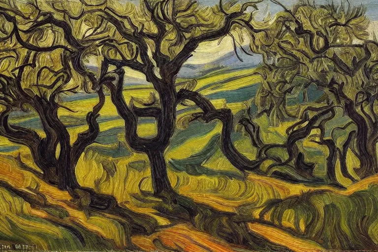 Prompt: masterpiece painting of oak trees on a hillside overlooking a creek, dramatic lighting, by j. e. h. macdonald