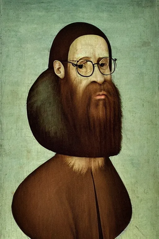 Prompt: portrait of handsome brown-haired bearded man with glasses by hieronymos bosch