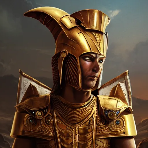 Image similar to pharaoh with armor on, steampunk, concept art, masterpiece, digital art, ultra detailed, sharp focus, cinematic lighting, 8 k hd resolution