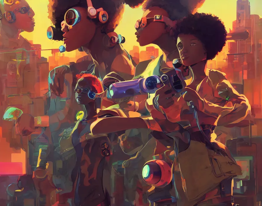 Image similar to afro - futuristic gamers, game consoles and joysticks, hacking the multiverse of gaming | hyperrealistic oil painting | by makoto shinkai, ilya kuvshinov, lois van baarle, rossdraws | afrofuturism, in the style of ernie barnes, trending on artstation | dark color scheme