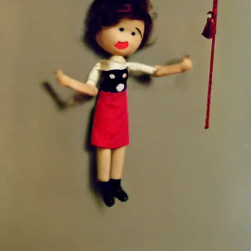 Image similar to 1 9 5 0 s, children toys on strings, fear, doll phobia, horror, jump scare, pov, polaroid,