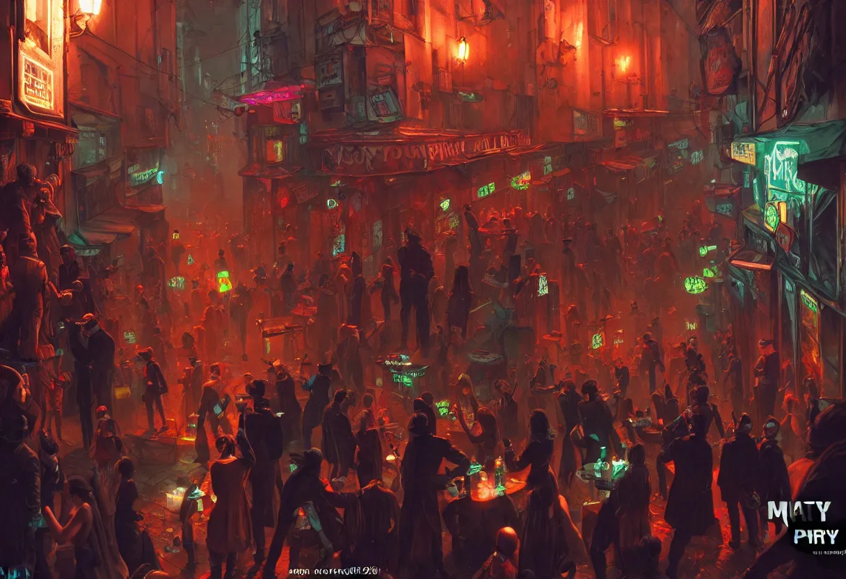 Image similar to a party in monmatre while a scifi and cyberpunk paris is melting down, belle epoque, art noveau, 4 k, high quality, sharp focus, ultra high definition, ultra detailed