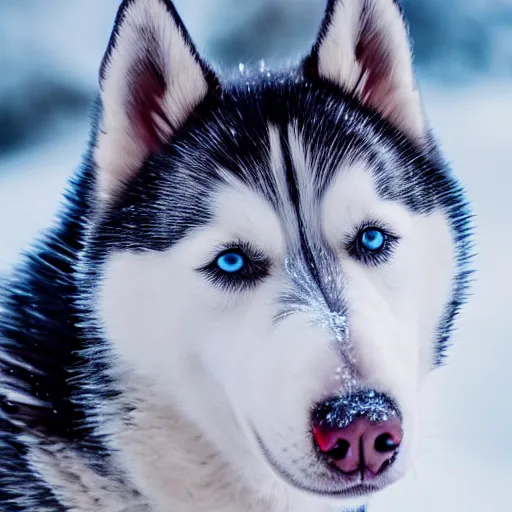 Image similar to A husky puppy with heterochromia , snowy environment, detailed close-up, 4k photo