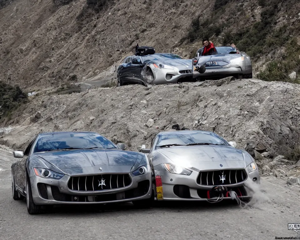 Prompt: maserati drifting in uttrakhand mountains with lamborghini indian police car chasing, cinematic, photography by alexey kurylev, rishikesh, movie, ultra detailed