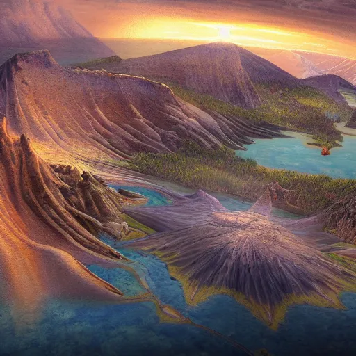 Image similar to a highly detailed landscape painting of large island in the center of a meteor crater lake with a futuristic fantasy city with a river running through it, aerial photography, ultrawide lens, art by john collier and jeon seong and albert bierstadt, volumetric lighting, octane render, 4 k resolution, trending on artstation, masterpiece