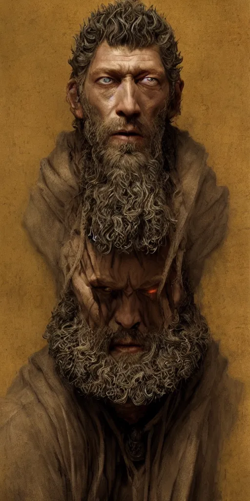 Prompt: vincent cassel, long beard, dungeons and dragons, beggar, fame of thrones masterpiece by edgar maxence and ross tran and michael whelan, gustav dore, 8 k, octane render