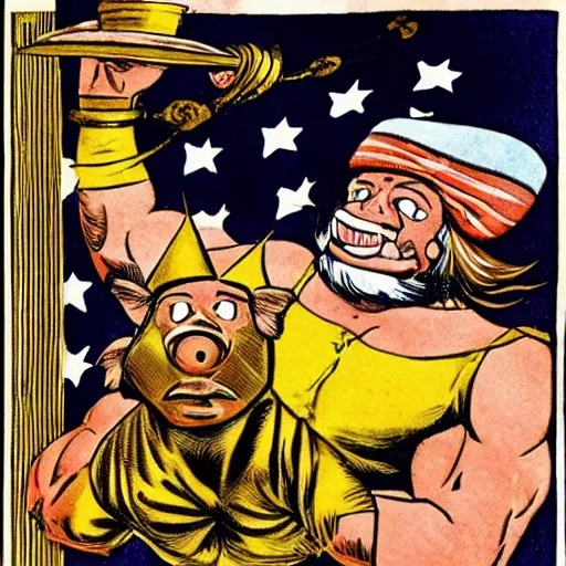 Image similar to a muscular pig wearing a gold crown fighting uncle sam in a city