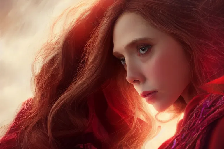 Image similar to movie still of elizabeth olsen as scarlet witch rewriting the fabric of reality, photorealistic art style, fantasy aesthetic. full - body photography, comprehensive art, thorough details, intricate, artstation, cgsociety contest winner