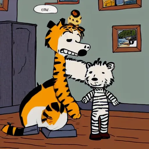 Prompt: calvin and hobbes, calvin as an adult, modern bedroom, nostalgia, high definition ultra realistic quality