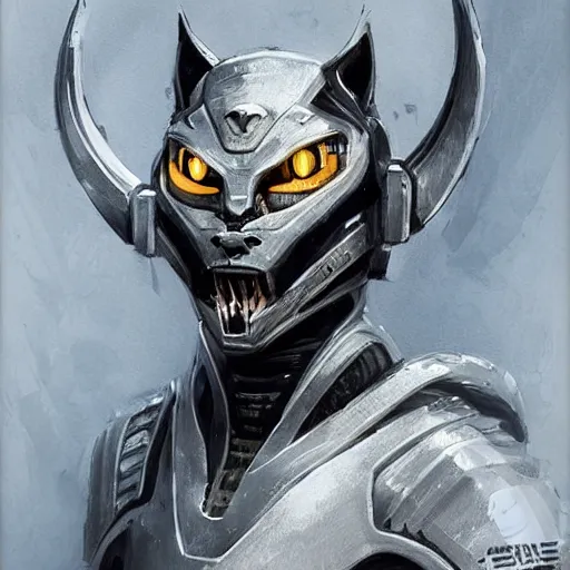 Image similar to Portrait of a humanoid feline man by Greg Rutkowski, hard predatory look, pointed ears, prominent jaw and visible fangs, wearing a futuristic space tactical gear that looks like a mix between the samurai, viking and templar aesthetics, mix between tribal and hi-tech, highly detailed portrait, scifi, space opera, digital painting, artstation, concept art, smooth, sharp foccus ilustration, Artstation HQ