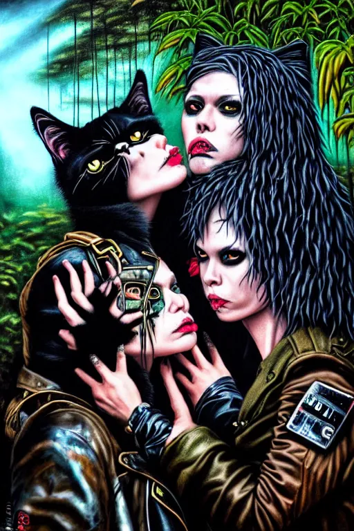 Image similar to punk rock girls kissing and making selfie with black cats in jungle , 1980 style, mad max jacket, post apocalyptic, Cyberpunk, renaissance, Gothic, mystic, highly detailed, 4k, fog, oil painting on canvas, sharp focus,, hyper realistic style, dramatic lighting, fantasy by Olga Fedorova