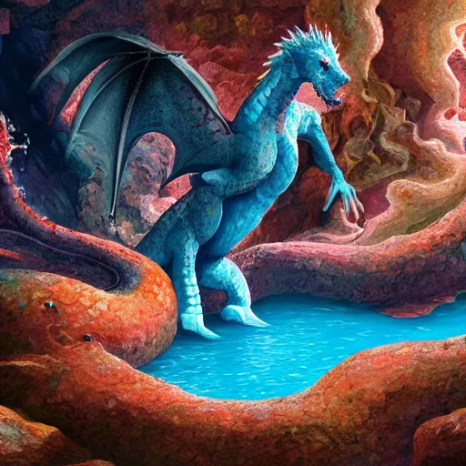 Prompt: detailed painting of a white dragon sitting in the middle of a colorful geothermal hotspring in a cavern, featured on artstation