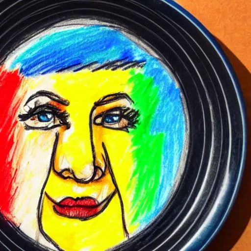 Image similar to a colorful crayon drawing of a face on a paper plate