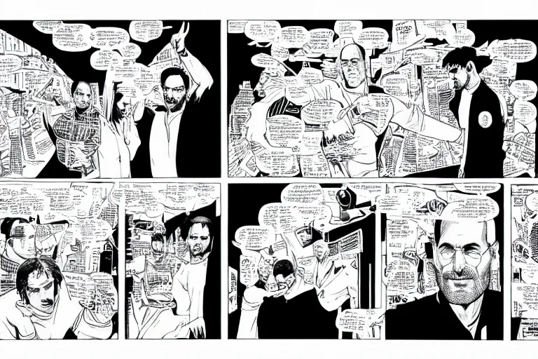 Image similar to steve jobs presenting the imac, a page from cyberpunk 2 0 2 0, style of paolo parente, style of mike jackson, adam smasher, johnny silverhand, 1 9 9 0 s comic book style, white background, ink drawing, black and white