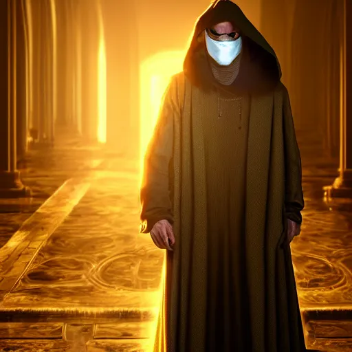 Image similar to a portrait of a man wearing a long dark cloak, hood and shadows covering face, holding golden chains, oil painting, Volumetric Golden dappled dynamic lighting, Highly Detailed, Cinematic Lighting, Unreal Engine, 8k, HD