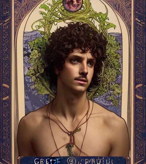 Prompt: a tarot card portrait of dionysus, realistic, 8 k, by greg rutkowski, artgerm, alphonse mucha, ornate, vines as jewelry, symmetry, sharp focus